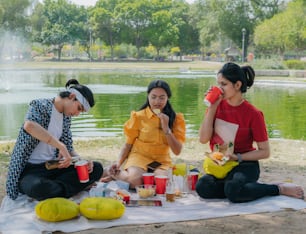 a group of women sitting on top of a blanket next to a lake