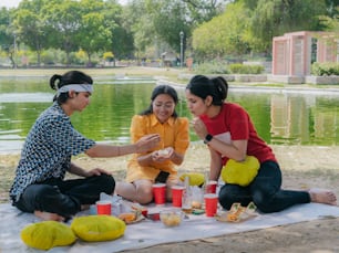 a group of people sitting on a blanket near a body of water