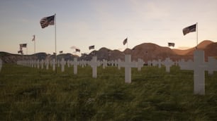 Un champ de croix avec des drapeaux américains flottant en arrière-plan