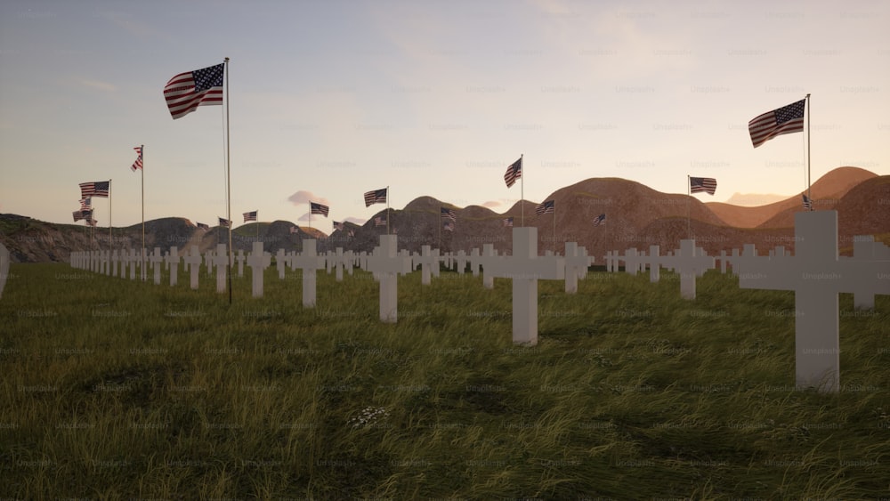Un campo de cruces con banderas estadounidenses ondeando en el fondo
