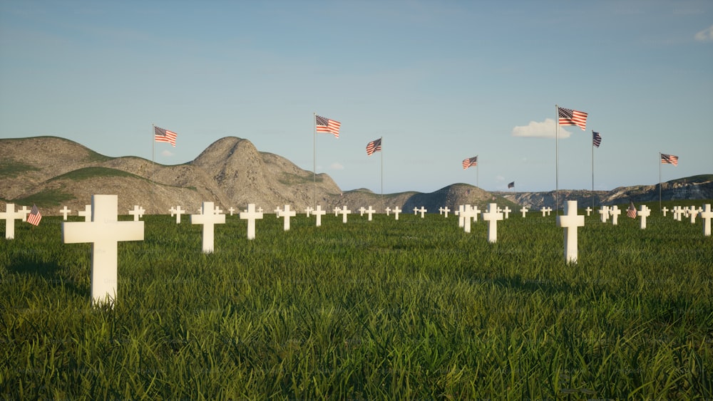um campo de cruzes com bandeiras americanas ao fundo