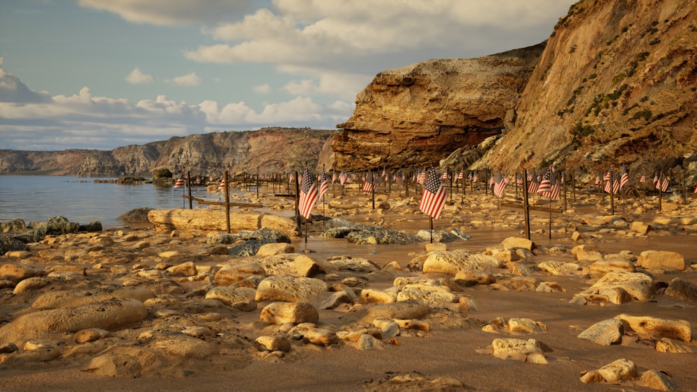 a rocky beach covered in lots of flags