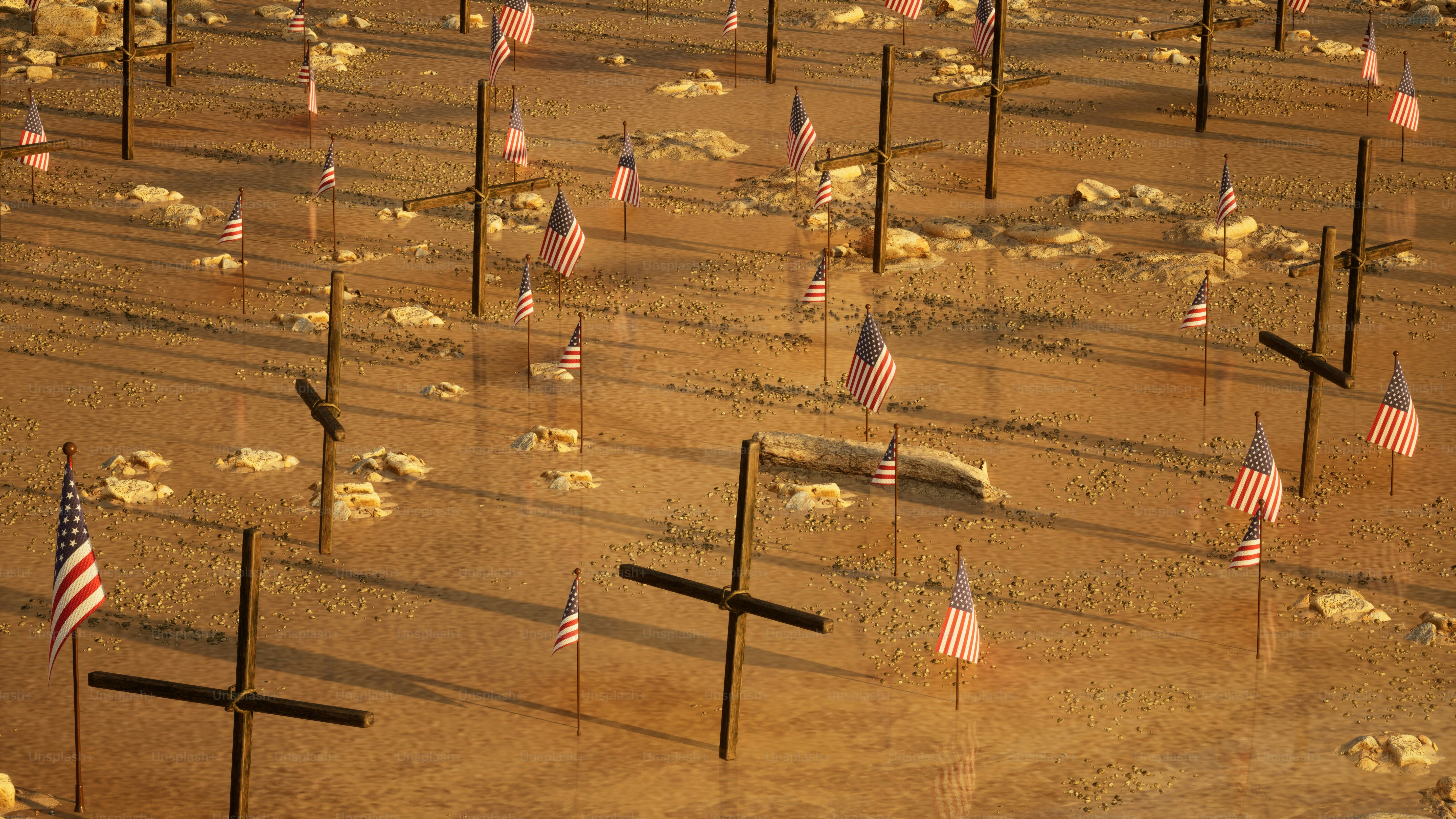 a bunch of flags that are in the dirt