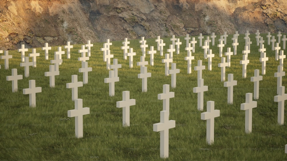 a field full of crosses in front of a cliff