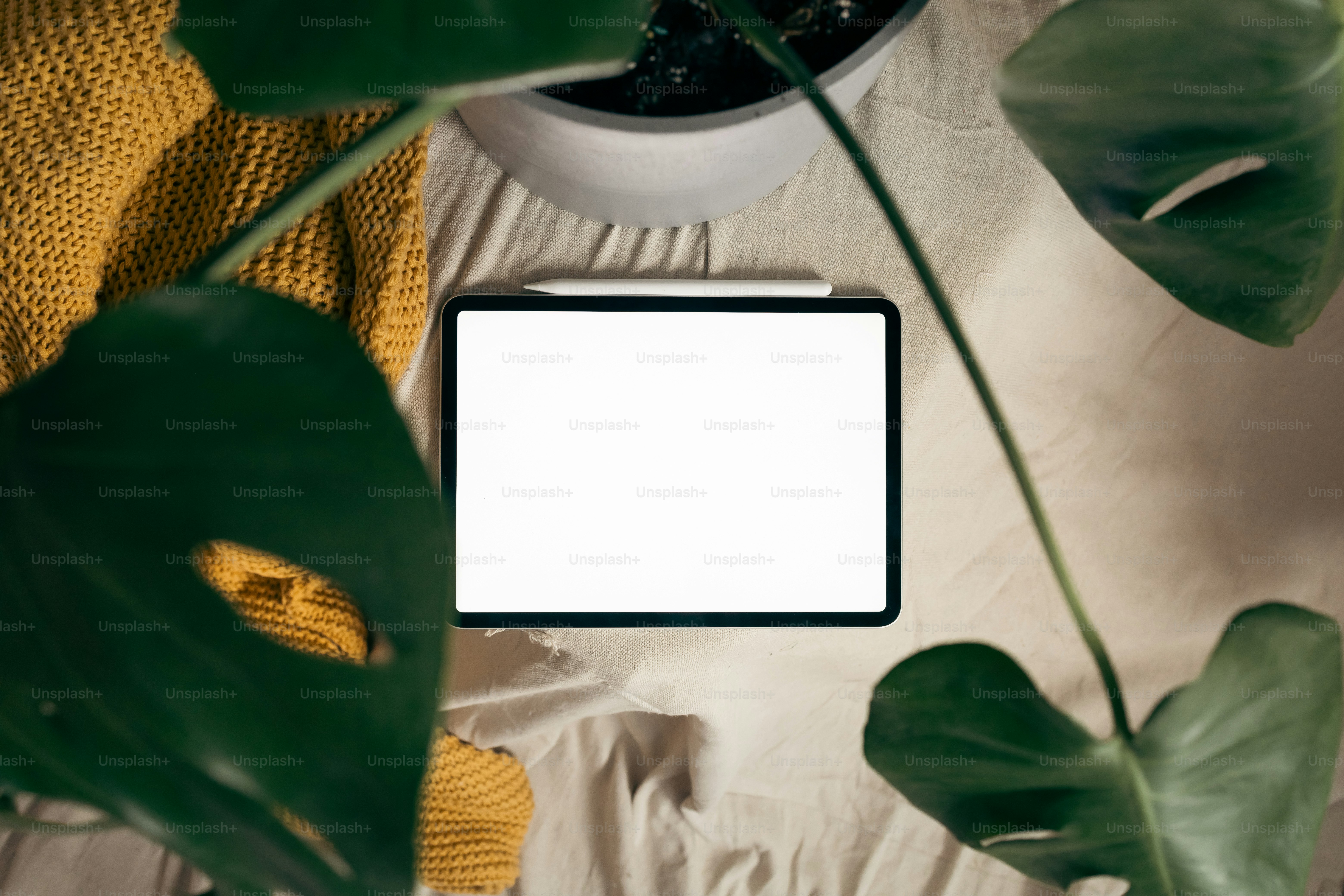 a laptop computer sitting on top of a table next to a plant