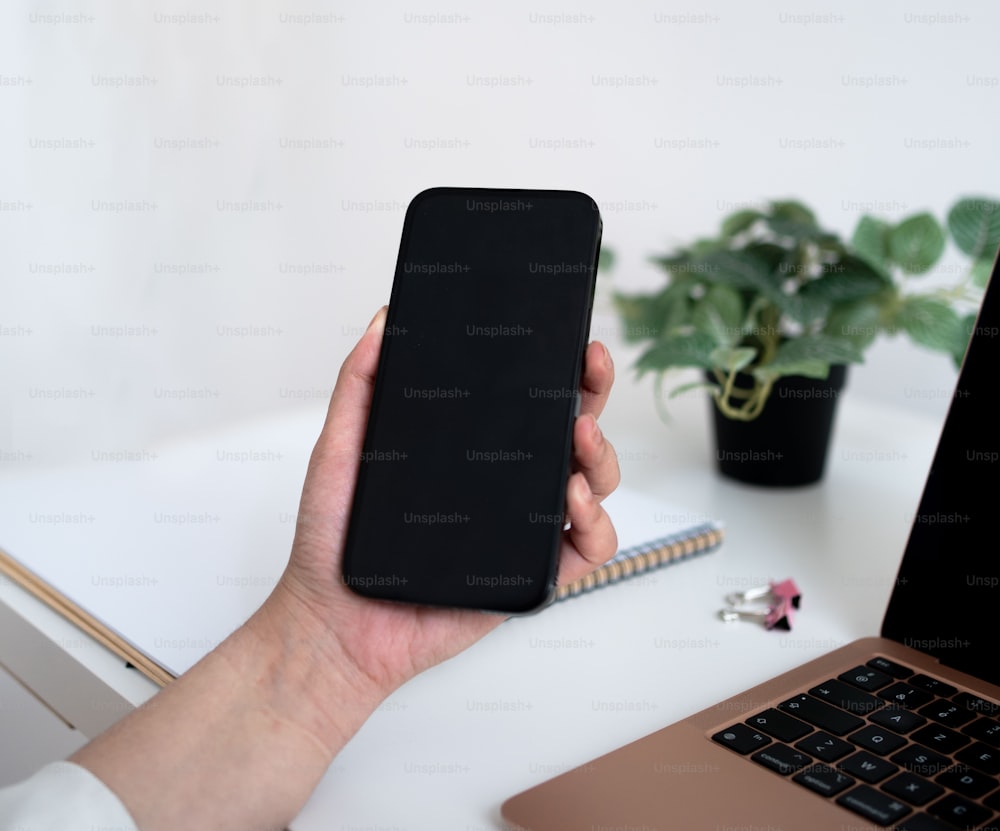 a person holding a phone in front of a laptop