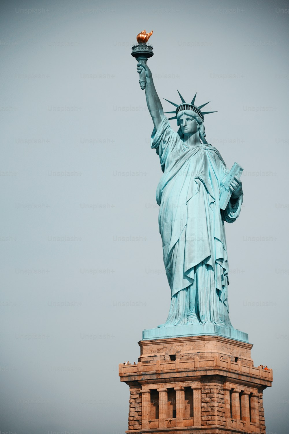 the statue of liberty is shown against a gray sky