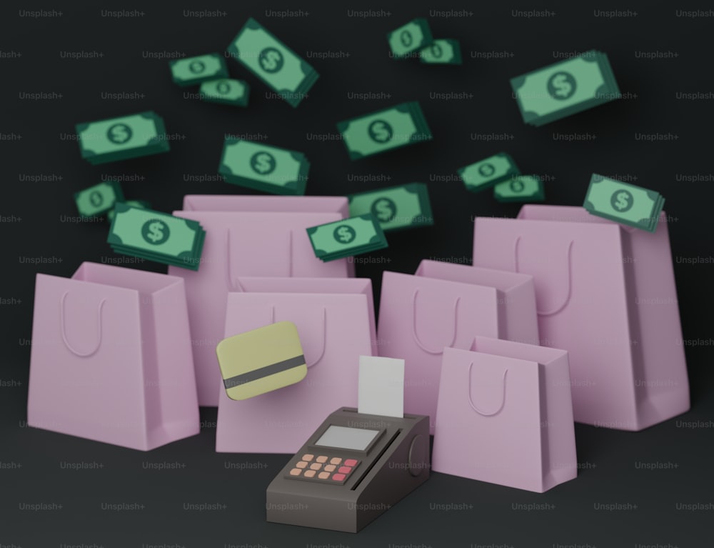 uma pilha de sacos cor-de-rosa com dinheiro saindo deles