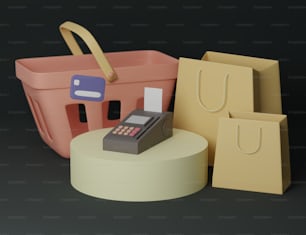 una cesta de la compra, una calculadora y una bolsa de la compra