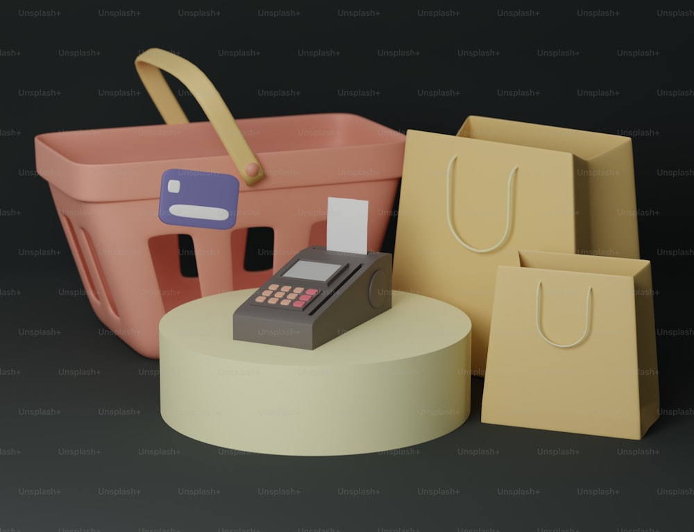 a shopping basket, a calculator, and a shopping bag