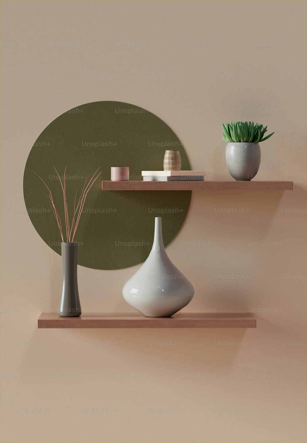 a couple of vases sitting on top of a wooden shelf