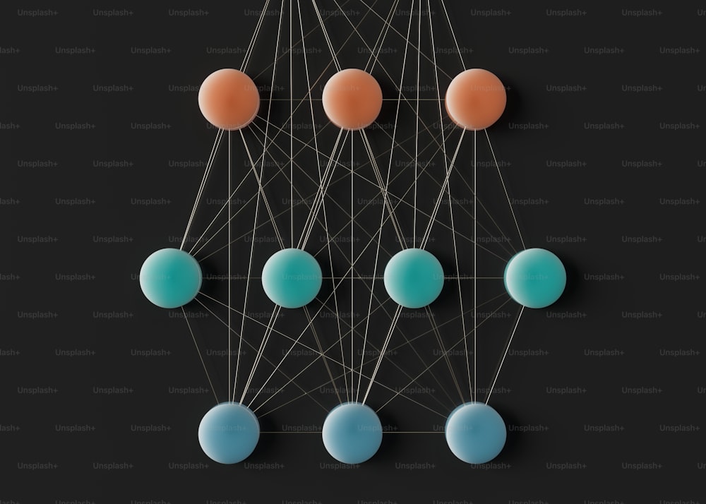 a group of blue and orange balls on a black background