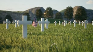 um campo gramado com cruzes e uma bandeira americana