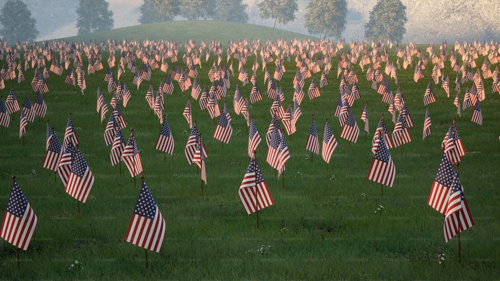 a field full of american flags with trees in the background