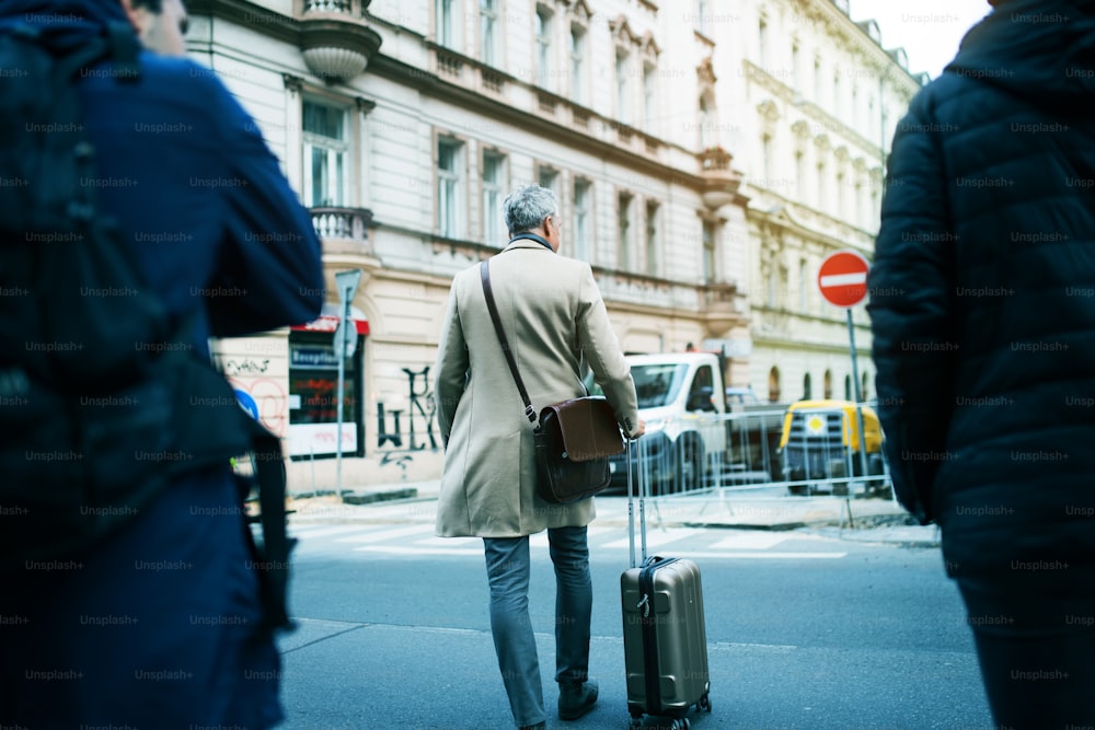 プラハ市の通りを歩くスーツケースを持つ成熟したビジネスマンの背面図。