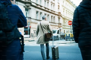 Eine Rückansicht eines reifen Geschäftsmannes mit Koffer, der auf einer Straße in Prag spazieren geht.