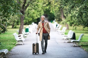 Mature handsome businessman with suitcase walking in a park in a city.