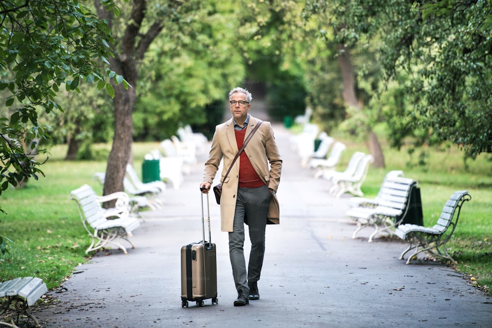 Hombre de negocios guapo maduro con maleta caminando en un parque de una ciudad.