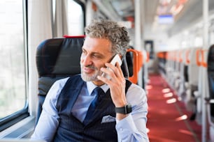 Handsome mature businessman travelling by train. A man with smartphone, making a phone call.