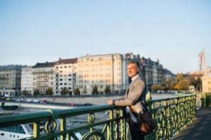 Handsome mature businessman in a city, standing on the bridge.