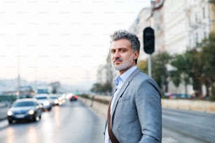 Handsome mature businessman in a city, waiting at the traffic lights.