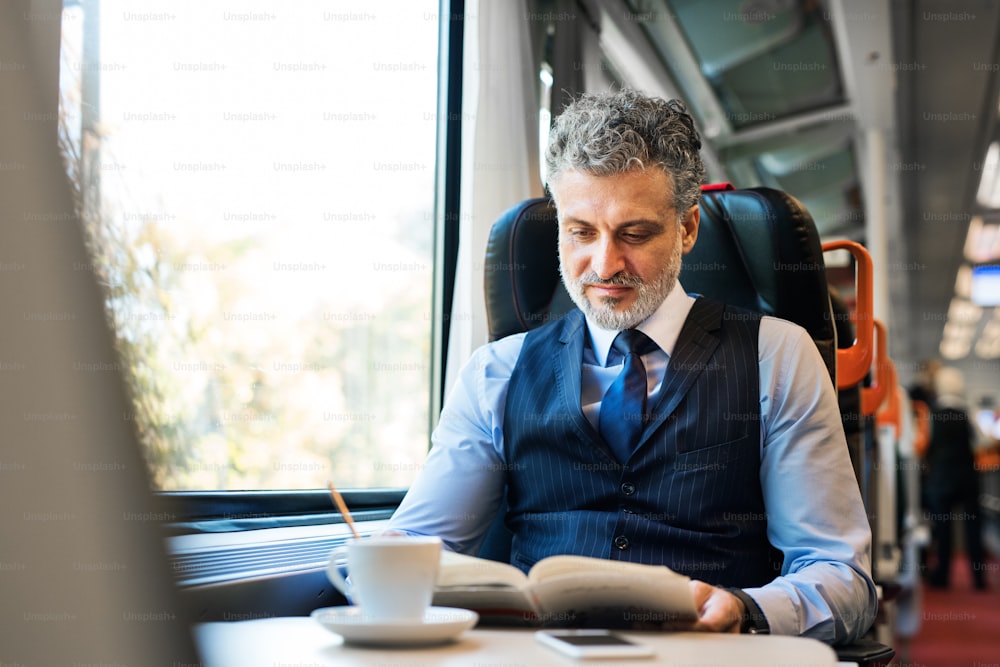 Handsome mature businessman travelling by train, reading a book.