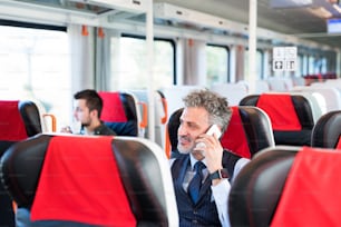 Handsome mature businessman travelling by train. A man with smartphone, making a phone call.
