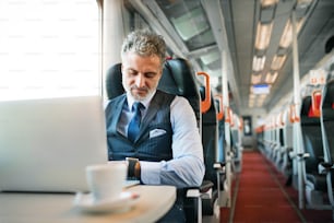 Handsome mature businessman with laptop travelling by train. A man with smartwatch, checking the time.