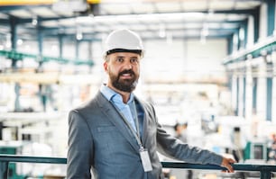 A portrait of a mature industrial man engineer standing in a factory. Copy space.