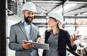 A portrait of a mature industrial man and woman engineer with tablet in a factory, working.