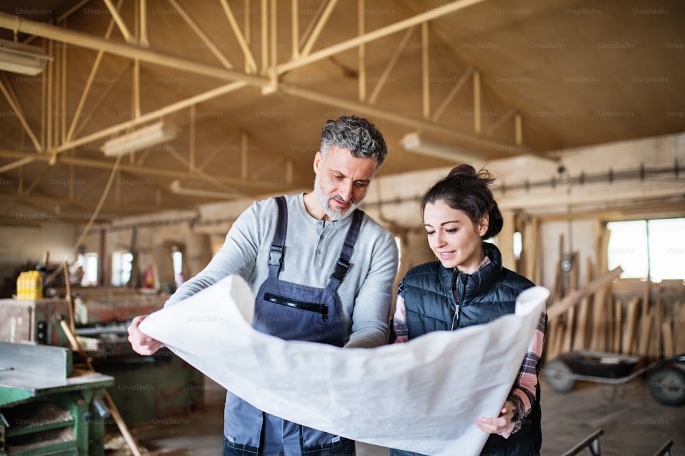 Portrait of a man and woman workers in the carpentry workshop, looking at paper plans.