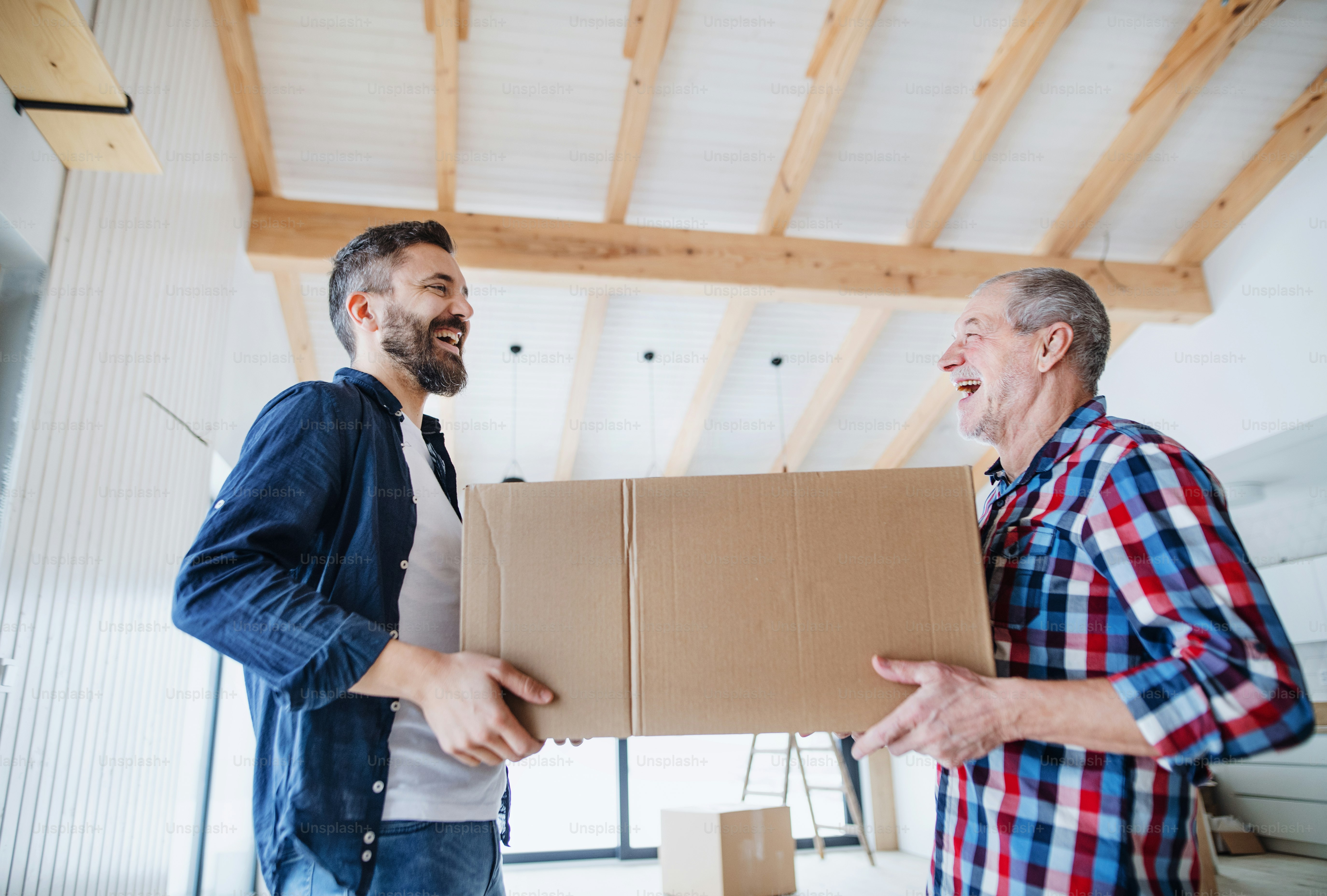 A cheerful senior man helping his mature son with furnishing new house ...
