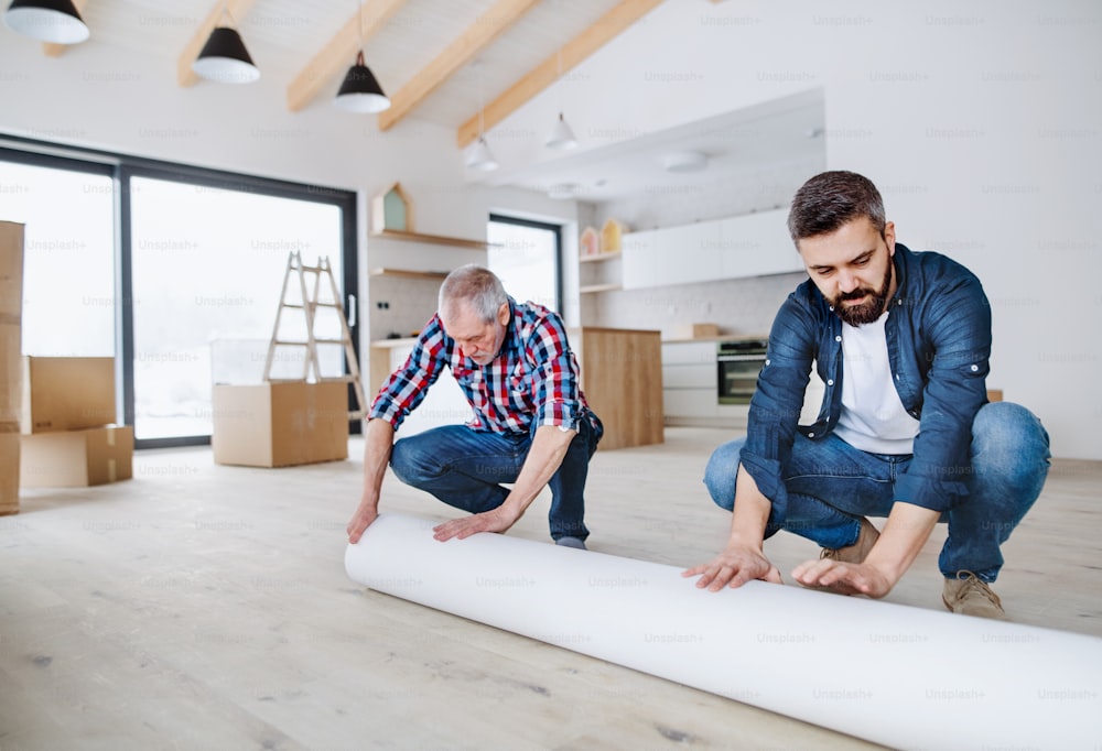 A cheerful senior man helping his mature son with furnishing new house, a new home concept.