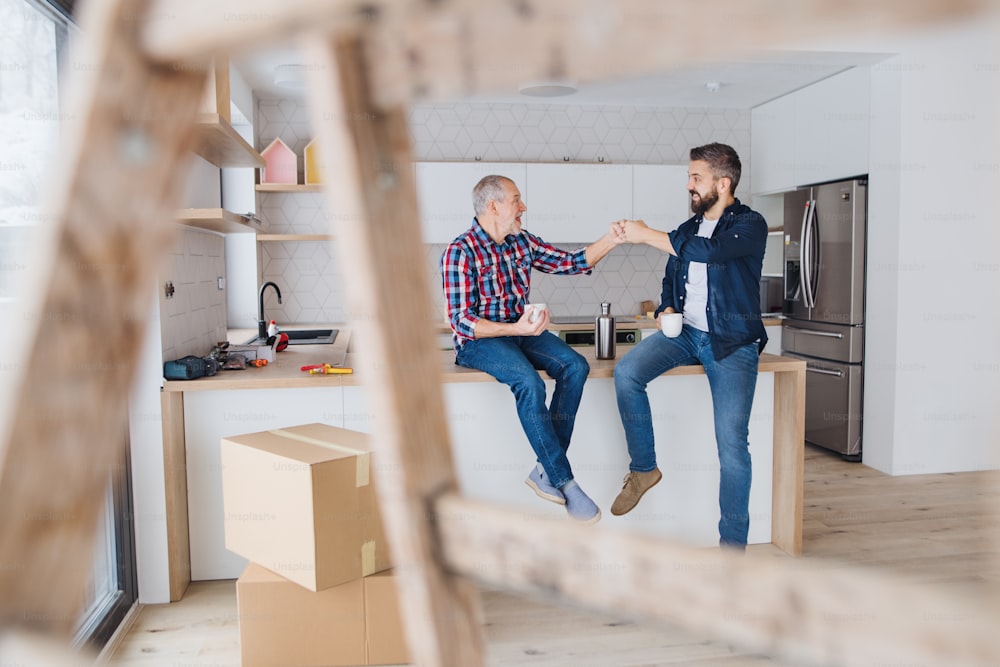 A portrait of mature man with his senior father making fist bump when furnishing new house, a new home concept. Copy space.