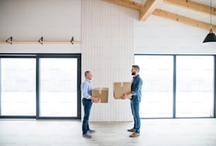 Two men holding cardboard boxes in front of them when furnishing new house, a new home concept.