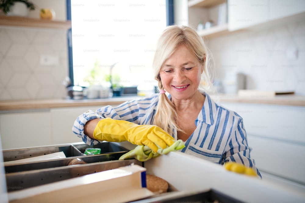 Porträt einer glücklichen älteren Frau, die Küchenschranktüren und Schubladen zu Hause reinigt.