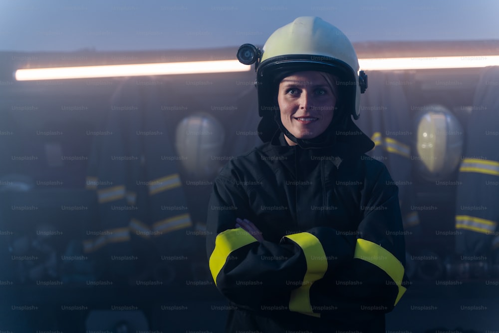 夜間、消防署の屋内でカメラを見つめる中年の女性消防士。