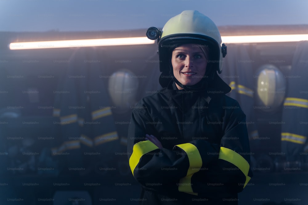 A mid adult female firefighter looking at camera indoors in fire station at night.