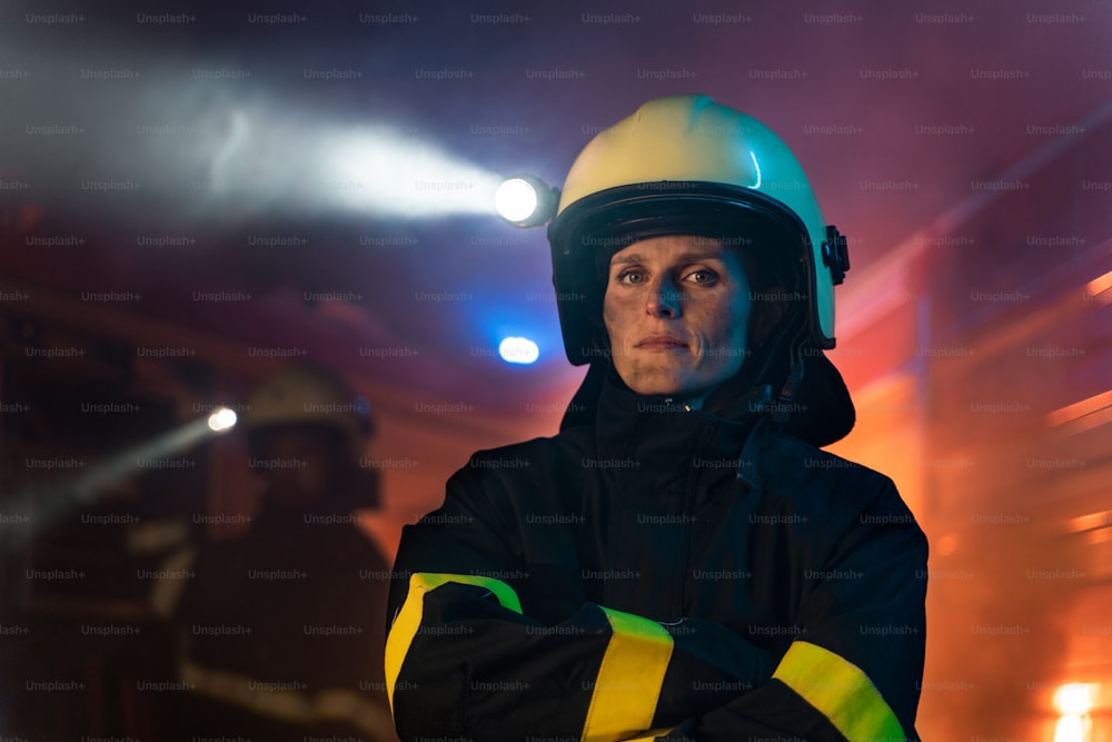 A dirty female firefighter looking at camera with fire truck at background at night.