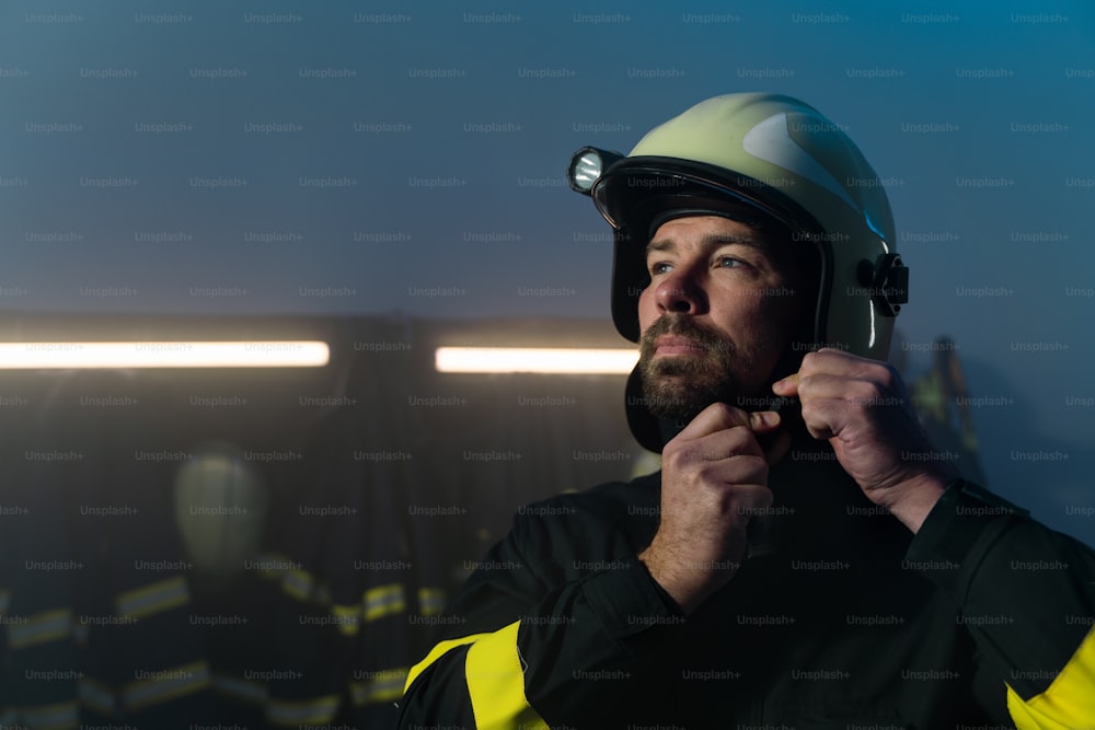 Un pompiere maturo che si prepara per l'azione nella stazione dei pompieri di notte, guardando la telecamera.