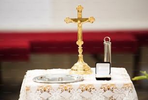 Interior of beautiful european church ready for wedding ceremony.