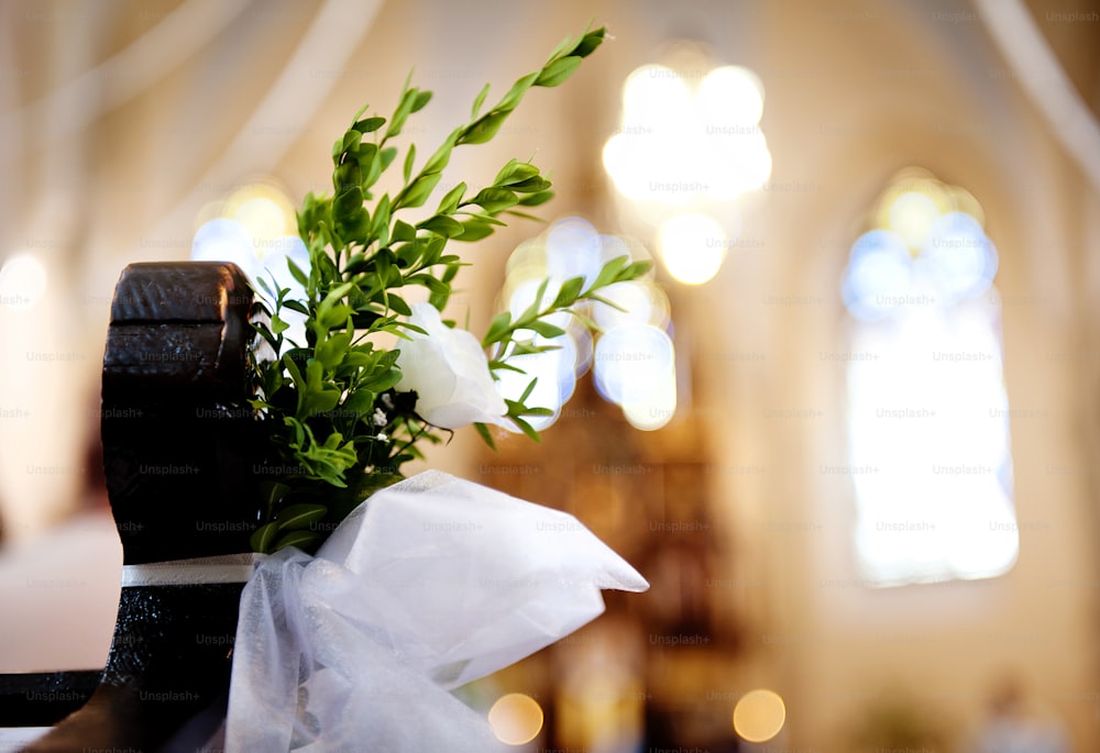 Interior of beautiful european church ready for wedding ceremony.