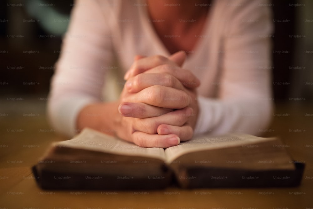 Mujer irreconocible orando con las manos juntas sobre su Biblia. Cerrar.