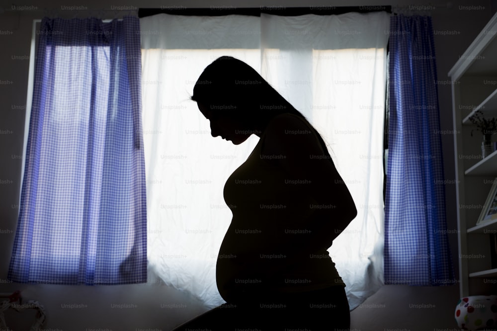 Silhouette of pregnant woman in her bedroom