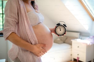 Femme enceinte méconnaissable avec horloge réglée de cinq à douze à l’intérieur à la maison, concept de date d’accouchement.
