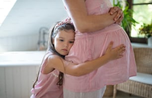 Portrait of unrecognizable pregnant woman with small daughter indoors at home, hugging.