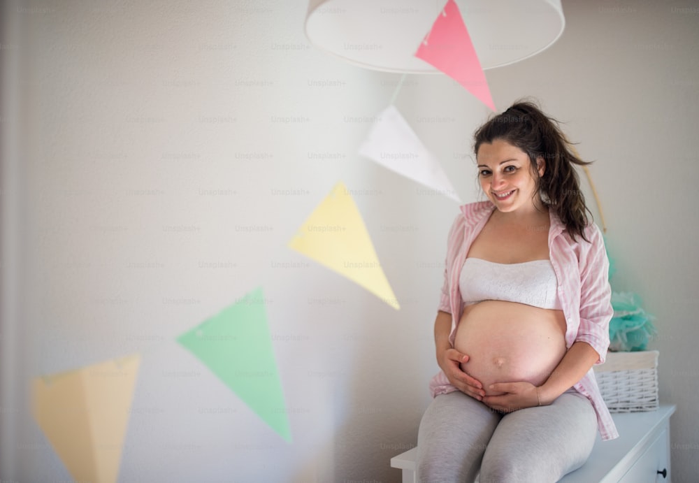Portrait of happy pregnant woman indoors at home, touching her belly. Copy space.