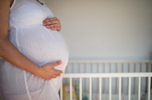 Section médiane d’une femme enceinte méconnaissable à l’intérieur à la maison, touchant son ventre. Espace de copie.