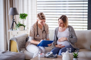 A healthcare worker examining pregnant woman indoors at home, making notes.