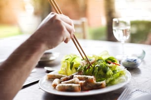 아시아 베트남 음식 - 바질 샐러드와 당근을 곁들인 신선한 춘권